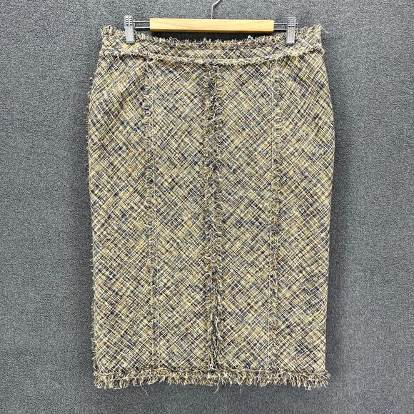 Louis Vuitton Pencil Skirt Womens 44 Tan Blue Fringe Tweed Textured - Picture 1 of 16